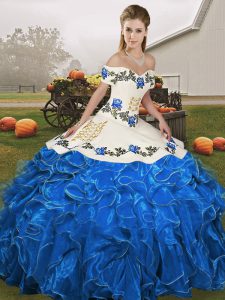 Graceful Blue And White Ball Gowns Off The Shoulder Sleeveless Organza Floor Length Lace Up Embroidery and Ruffles 15th Birthday Dress