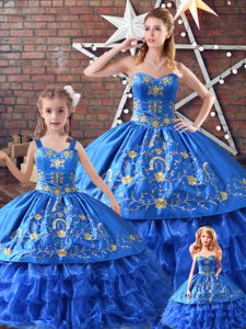 Shining Sleeveless Satin and Organza Lace Up Quinceanera Gowns in Blue with Embroidery
