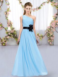 Aqua Blue Chiffon Zipper One Shoulder Sleeveless Floor Length Quinceanera Court of Honor Dress Belt