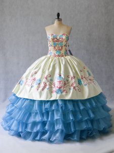 Flirting Blue And White Sleeveless Embroidery and Ruffled Layers Floor Length Vestidos de Quinceanera