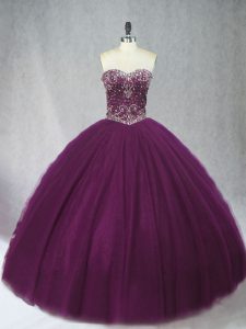 Extravagant Dark Purple Ball Gowns Sweetheart Sleeveless Tulle Floor Length Lace Up Beading Quinceanera Gown