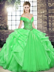 Superior Sleeveless Floor Length Beading and Ruffles Lace Up Quinceanera Dress with Green