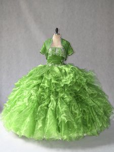 High Quality Sleeveless Organza Floor Length Lace Up Ball Gown Prom Dress in Green with Beading and Ruffles