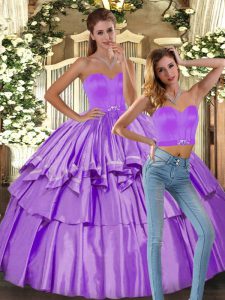 Fabulous Lilac Satin Backless Sweet 16 Dresses Sleeveless Floor Length Ruffled Layers
