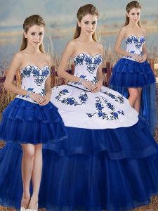 Eye-catching Royal Blue Tulle Lace Up Vestidos de Quinceanera Sleeveless Floor Length Embroidery and Bowknot