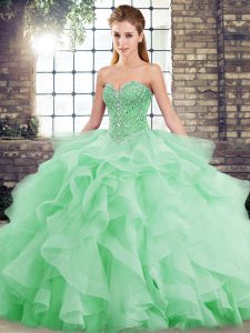 High Quality Green Lace Up Quince Ball Gowns Beading and Ruffles Sleeveless Brush Train