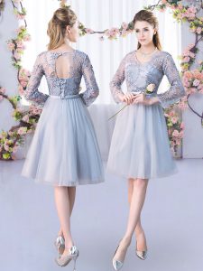 Grey Empire Tulle V-neck Long Sleeves Lace and Belt Knee Length Lace Up Vestidos de Damas