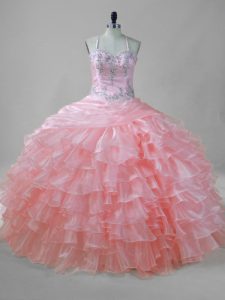 Exceptional Pink Halter Top Neckline Beading and Ruffled Layers Quinceanera Gown Sleeveless Lace Up