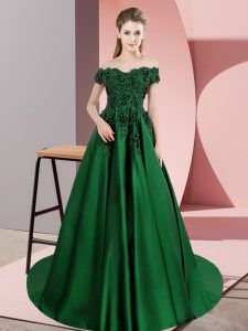 Unique Sleeveless Satin Court Train Zipper Ball Gown Prom Dress in Dark Green with Lace