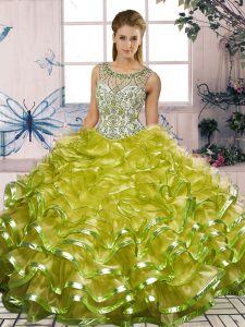 Romantic Ball Gowns Ball Gown Prom Dress Olive Green Scoop Organza Sleeveless Floor Length Lace Up