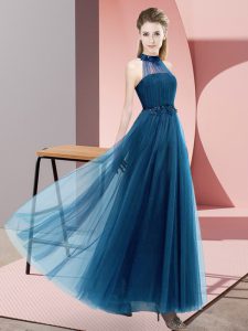 Edgy Blue Sleeveless Floor Length Beading and Appliques Lace Up Damas Dress