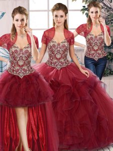 Sleeveless Floor Length Beading and Ruffles Lace Up Quince Ball Gowns with Burgundy