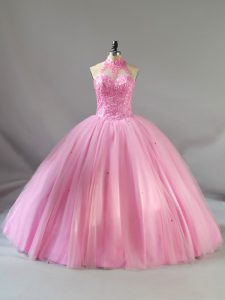 Customized Baby Pink Sleeveless Beading Floor Length Sweet 16 Dress
