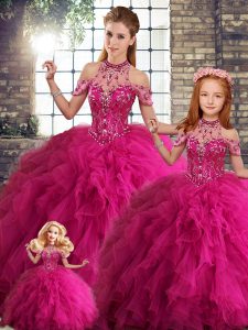 Fuchsia Lace Up Halter Top Beading and Ruffles Quinceanera Gown Tulle Sleeveless