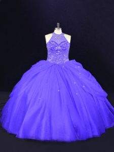 Sophisticated Purple Ball Gowns Halter Top Sleeveless Tulle Floor Length Lace Up Beading Sweet 16 Dress