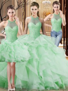 Sophisticated Three Pieces Sleeveless Apple Green Quinceanera Gown Brush Train Lace Up
