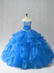High End Organza Sweetheart Sleeveless Lace Up Beading and Ruffles Quince Ball Gowns in Blue