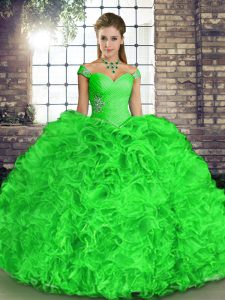 Fashionable Sleeveless Floor Length Beading and Ruffles Lace Up Quince Ball Gowns with Green