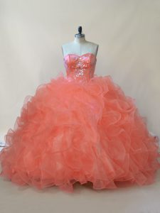Floor Length Orange Quinceanera Gowns Organza and Tulle Sleeveless Beading and Ruffles