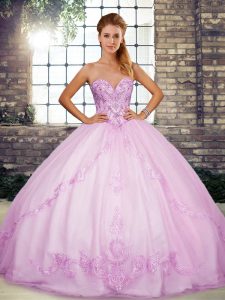 Modern Floor Length Lace Up Sweet 16 Dress Lilac for Military Ball and Sweet 16 and Quinceanera with Beading and Embroidery