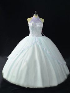 Sleeveless Tulle Floor Length Lace Up 15th Birthday Dress in Blue with Beading