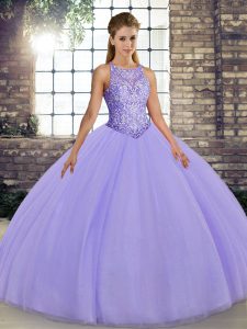 Luxury Tulle Scoop Sleeveless Lace Up Embroidery 15th Birthday Dress in Lavender