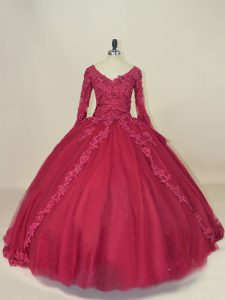 Red Ball Gowns V-neck Long Sleeves Tulle Floor Length Lace Up Lace and Appliques Quince Ball Gowns