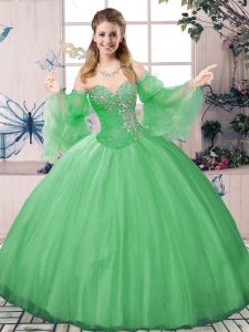 Green Ball Gowns Beading Quinceanera Dress Lace Up Tulle Long Sleeves Floor Length