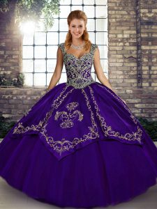 Purple Straps Lace Up Beading and Embroidery Quinceanera Gown Sleeveless