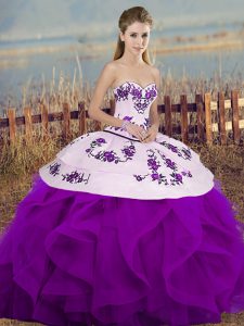Decent White And Purple Sweetheart Neckline Embroidery and Ruffles and Bowknot Vestidos de Quinceanera Sleeveless Lace Up