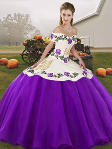 White And Purple Sweet 16 Quinceanera Dress Military Ball and Sweet 16 and Quinceanera with Embroidery Off The Shoulder Sleeveless Lace Up