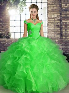 Floor Length Lace Up Sweet 16 Dresses Green for Military Ball and Sweet 16 and Quinceanera with Beading and Ruffles