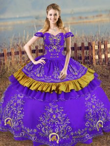 Inexpensive Ball Gowns Quinceanera Dresses Purple Off The Shoulder Satin and Organza Sleeveless Floor Length Lace Up