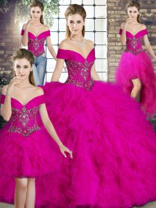 Ideal Ball Gowns Sweet 16 Quinceanera Dress Fuchsia Off The Shoulder Tulle Sleeveless Floor Length Lace Up