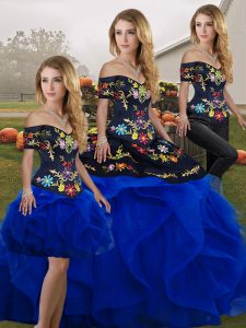 Royal Blue Tulle Lace Up Off The Shoulder Sleeveless Floor Length 15th Birthday Dress Embroidery and Ruffles
