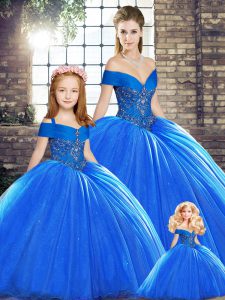 Royal Blue Organza Lace Up Quinceanera Gown Sleeveless Brush Train Beading