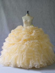 Gold Organza Lace Up Ball Gown Prom Dress Sleeveless Floor Length Beading and Ruffles and Pick Ups
