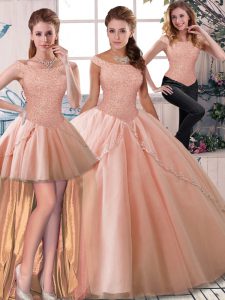 Off The Shoulder Sleeveless Tulle 15 Quinceanera Dress Beading Brush Train Lace Up