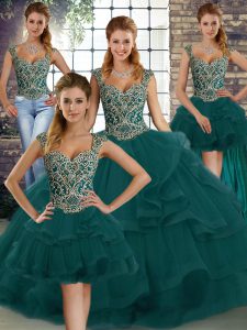 Super Peacock Green Sleeveless Floor Length Beading and Ruffles Lace Up Sweet 16 Dresses