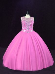 Elegant Floor Length Lace Up Sweet 16 Dress Pink for Sweet 16 and Quinceanera with Beading