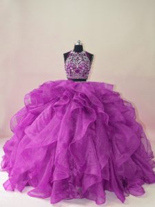 Fabulous Purple Organza Backless 15th Birthday Dress Sleeveless Brush Train Beading and Ruffles