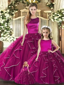 Scoop Sleeveless Lace Up 15 Quinceanera Dress Fuchsia Tulle