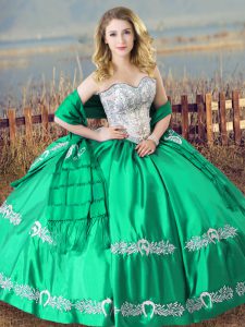 Turquoise Satin Lace Up Sweetheart Sleeveless Floor Length Quinceanera Dress Beading and Embroidery