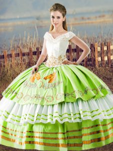 Sleeveless Satin Floor Length Lace Up 15 Quinceanera Dress in with Embroidery and Ruffled Layers