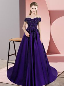 Hot Selling Purple Satin Zipper Quinceanera Gown Sleeveless Court Train Lace