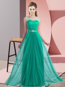 Dynamic Turquoise Chiffon Lace Up Scoop Sleeveless Floor Length Dama Dress Beading