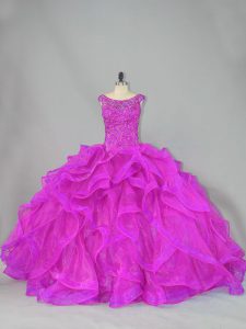 Fuchsia Ball Gowns Scoop Sleeveless Organza Brush Train Lace Up Beading Sweet 16 Dress