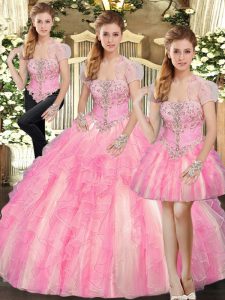Wonderful Baby Pink Strapless Lace Up Beading and Ruffles Vestidos de Quinceanera Sleeveless