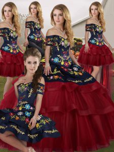 Off The Shoulder Sleeveless Sweet 16 Dresses Brush Train Embroidery and Ruffled Layers Wine Red Tulle