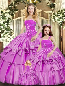 Taffeta Strapless Sleeveless Lace Up Beading and Ruffled Layers 15th Birthday Dress in Lilac